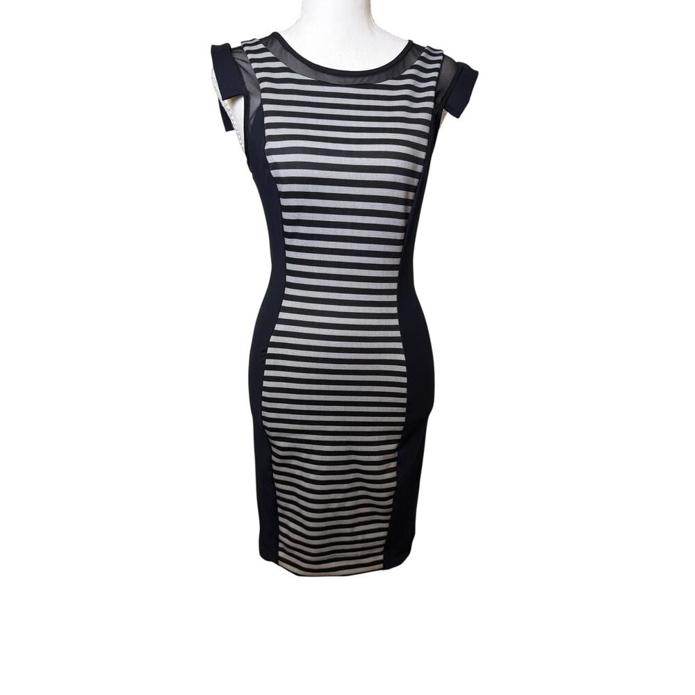 Bebe Black Sheer Stripe Mesh Bodycon Sheath Dress Exposed Back Zipper